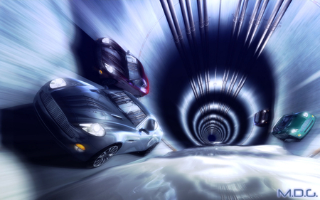 sewer race - pipes, cars, tunnel, lights