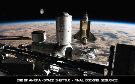 final docking sequence - moon, planet, shuttle, space station, stars