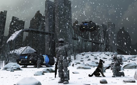 2177 - clouds, shuttles, soldiers, buildings, snow, dog