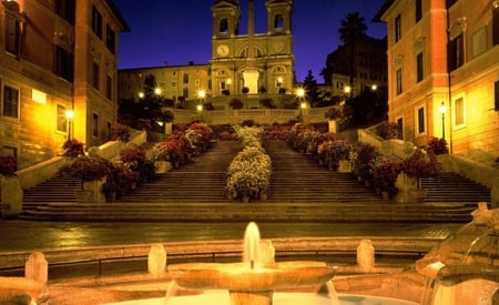 Trinita dei Monti Church - pic, europe, evening, trinita dei monti, night, steps, photo, church, flowers, image, photography, city, architecture, rome, buildings, photograph, picture, lights, italy, wall, wallpaper