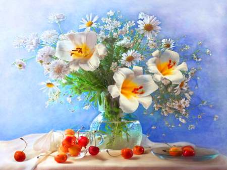 Still life - nice, fruits, delicate, lovely, still life, vase, pretty, flowers, harmony