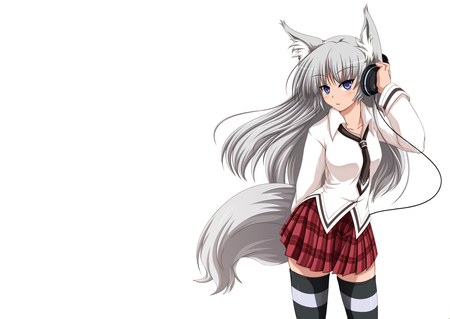 Foxgirl - tail, purple eyes, blush, headphones, thighhighs, gray hair, original, white, seifuku, skirt, tie, foxgirl, animal ears