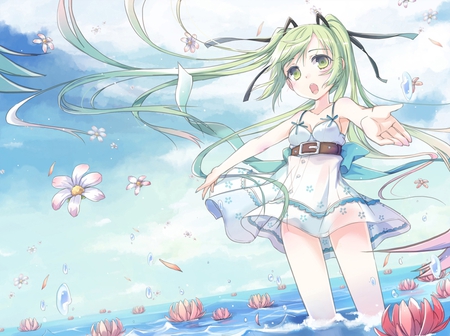 Hatsune Miku - pretty, twin tail, pink, flowers, stunning, nice, program, hot, thighhighs, beauty, virtual, petals, cg, wind, white, cute, aqua eyes, song, sexy, vocaloid, anime, blue, amazing, twintail, dress, hatsune miku, artsitic, music, aqua, art, sky, idol, clouds, anime girl, water, beautiful, sea, singer, girl, blush, cool, ocean, black, miku, awesome, diva, digital, waves, aqua hair, thigh highs, hatsune, vocaloids