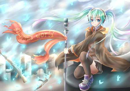 Glorious World - aqua, thigh highs, thighhighs, music, anime girl, stockings, white, art, flag, cool, aqua eyes, artistic, hatsune miku, skirt, flames, leggings, light, song, vocaloids, program, glow, vocaloid, beautiful, glorious world, diva, beauty, nice, twintail, singer, aqua hair, black, virtual, pretty, idol, orange, anime, miku, cute, twin tail, girl, cg, hatsune, microphone, blue, awesome, cape, digital