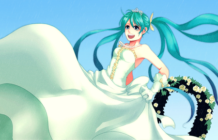 Hatsune Miku - virtual, miku, digital, wedding, vocaloids, song, singer, cool, awesome, flowers, vocaloid, anime, twintail, blue, cg, stunning, aqua hair, hatsune, black, cute, beautiful, amazing, girl, anime girl, white, program, aqua eyes, artistic, pretty, aqua, wedding dress, beauty, dress, art, diva, twin tail, nice, idol, music, green, hatsune miku