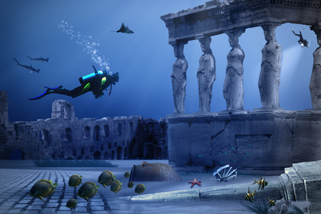 underwater ruins - aquatic, water, diver, blue, underwater, ruins