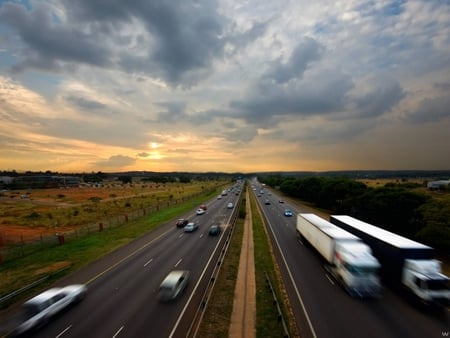 Great  Clouds Over The Horizon - clouds, grass, automobiles, sky, highways