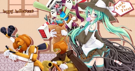 Happy Halloween!! - aqua, thigh highs, glasses, thighhighs, music, anime girl, robot, white, amazing, lolipop, art, cool, trick or treat, cords, artistic, hatsune miku, skirt, song, stunning, vocaloids, program, vocaloid, beautiful, uniform, diva, beauty, nice, hat, twintail, singer, black, virtual, halloween, pretty, idol, anime, orange, miku, cute, twin tail, girl, cg, hatsune, candy, witch, red, blue, tie, awesome, digital, gray, outfit