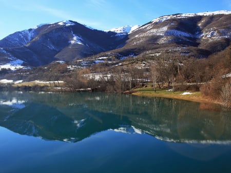 Charming Mountains - charming, beautifl, reflection, river, lovely, snowmountains, trees