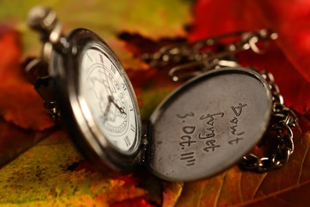 Don't Forget... - pretty, romantic, autumn colors, beautiful, photography, splendor, clock, beauty, romance, colors, lovely, still life, leaves, autumn, nice, autumn leaves