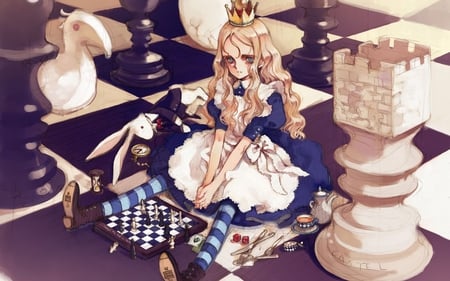 Chess Princess - white, chess, girl, crown, bunny, black, alice theme