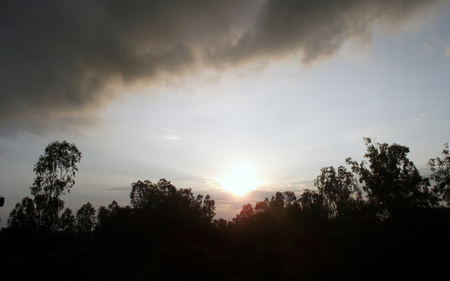 Sunset - clouds, black, red, light, tree, sun