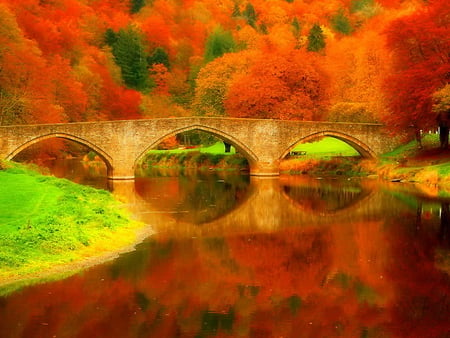 Autumn symmetry - colorful, river, water, nature, autumn, colors, reflection, brigde