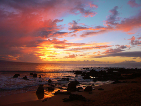 Colors of Sadness - horizon, beautiful, beach, stones, seaside, sun, sky, wave, clouds, view, sunset, nature