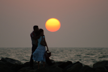 Love in Sunset - beautiful, beach, love, sun, wave, view, sunset, sea, nature, calm