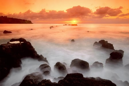 Beautiful Sunset - beautiful, beach, stones, sun, sky, clouds, view, sunset, nature