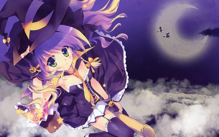 Cute Little Witch - moon, sky, girl, night, witch, halloween, broom, anime, cute