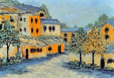 Sunset - house, trees, yellow, blue, case, copaci, village, street, sunset, painting, lane, apus, art, george kovach