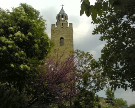 Church Tower - pretty, photo, spring, blossom, leaves, church, season, tower, sky, architecture, religious, nice, photography, trees, nature, bulgaria