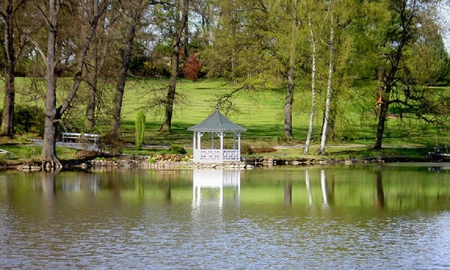 gazebo - nice, nature, lake, trees, water, green, gazebo, plants