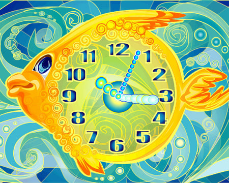 Fish clock - ceas, peste, yellow, blue, albastru, galben, fish clock, animal, numbers, zodiac