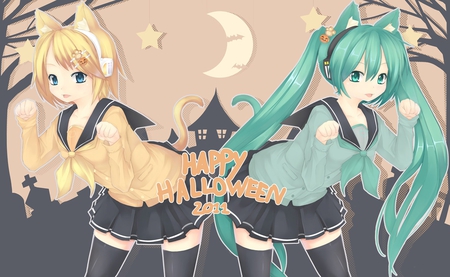 Happy Halloween!! - tie, pretty, twin tail, uniform, cat ears, stunning, halloween, nice, house, program, neko, purr, hot, thighhighs, beauty, virtual, cg, school uniform, white, cute, aqua eyes, nya, song, outfit, sexy, vocaloid, anime, yellow, blue, amazing, twintail, school, blonde, nekomimi, hatsune miku, paws, artsitic, stars, music, aqua, art, idol, moon, anime girl, trees, skirt, beautiful, singer, girl, blonde hair, cool, cat, black, miku, awesome, diva, digital, aqua hair, thigh highs, hatsune, vocaloids, kitty