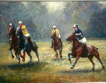 Down the field - play, sport, raymond s pease, acrylic on board, down the field, painting, polo, art