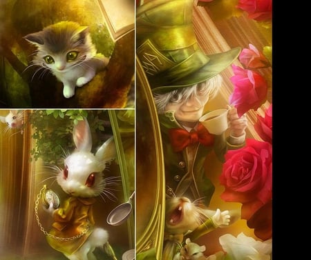 Wonderland - shu, roses, rabbit, cheshire, red, clock, art, cat