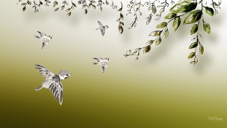 Leaves of Life - abstract, birds, limb, summer, olive, spring, firefox persona, leaves, tree, oriental, green, art, drawn