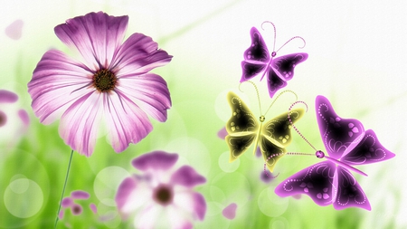 Purple Flowers and Butterflies - artistic, summer, butterflies, daisy, spring, firefox persona, flowers, green, butterfly, gerbera