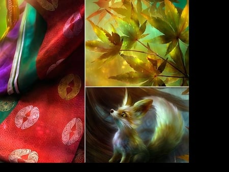 Autumn - fall, silk, leaf, kimono, shu, fox, autumn, art