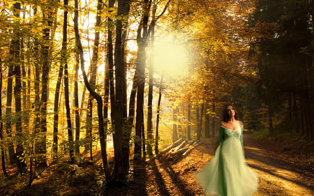 Autumn Walk - women, fall, fantasy, forrest, autumn, brown, walk, sun