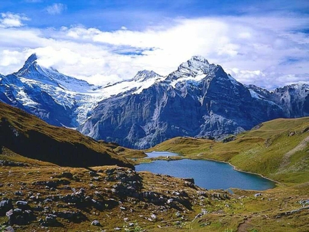 Azure Lake in the Mountains - sky, snow, blue lake, mountains, grass, peaks