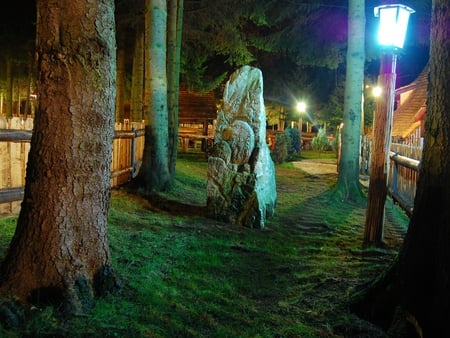 Brasov at Night - trees, lush grass, night, statue, lamps