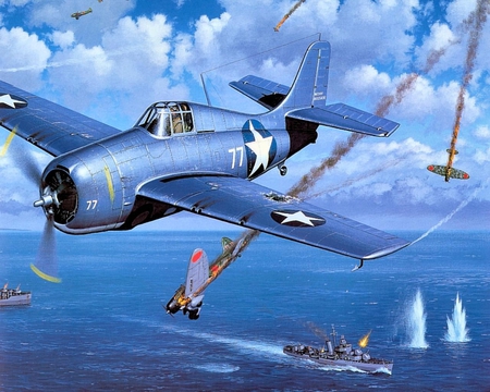 Victory in the Pacific - f4f, ww2, pacific, plane, drawing, airplane, painting, grumman, art, ship, wwii, wildcat, boat