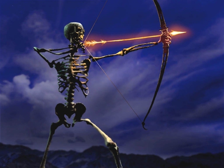 skeleton archer - bow, clouds, glowing arrow, mountains, skeleton