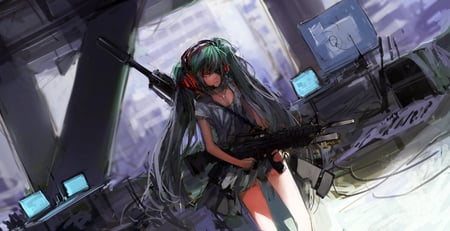 Hatsune Miku - gun, hatsune miku, headphones, vocaloid, long hair, weapon, aqua hair, dress