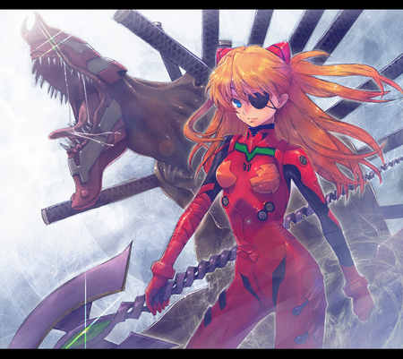 Shikinami Asuka Langley - eyepatch, bodysuit, asuka, lance of longinus, red hair, epic, evangelion, redhead, red, mecha, spear, mech, eva, eva 02