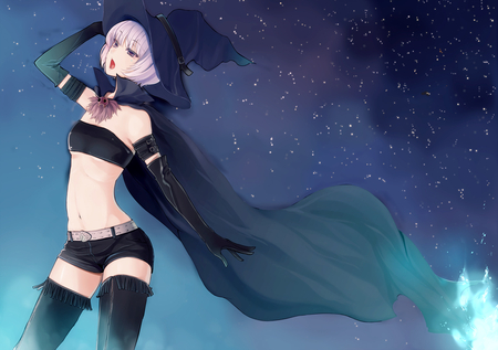 Sweet girl - sky, stars, hat, night, thighhighs, purple hair, original, gloves, hareno chiame, halloween, witch, shorts, cape, purple eyes, short hair, gray hair