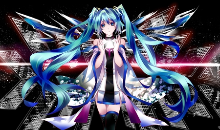 Hatsune Miku - pretty, artistic, twin tail, pink, light, nice, program, leggings, hot, thighhighs, beauty, virtual, cg, white, wings, cute, aqua eyes, song, sexy, vocaloid, anime, blue, twintail, hatsune miku, music, aqua, stockings, art, idol, anime girl, beautiful, crystals, singer, girl, cool, black, glow, glowing, miku, awesome, diva, digital, aqua hair, thigh highs, hatsune, vocaloids