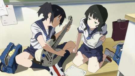 Guitar practice - skirt, guitar, serafuku, black hair, school uniform, star, kawaii, twin tails, uniform, mato kuroi, cute, yomi takanashi, black rock shooter