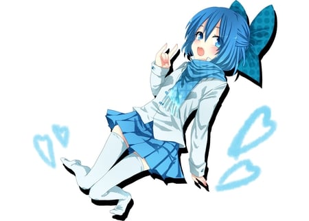 Casual Cirno - kawaii, skirt, blue, no shoes, scarf, touhou, blue hair, moe, cute, thigh highs, bow, hearts