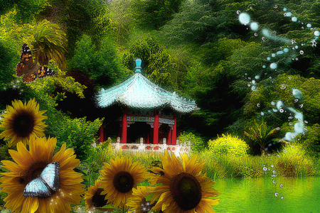 gazebo - abstract, butterfly, 3d, water, tree, flowers