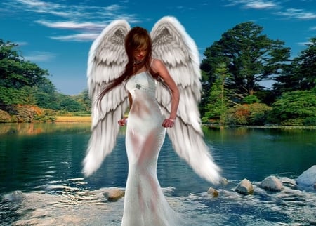 Angel - abstract, lake, angel, trees