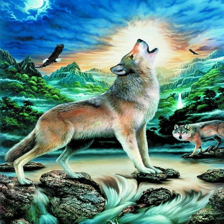 HOWLING AT THE MOON - moon, wolves, eagle, howling