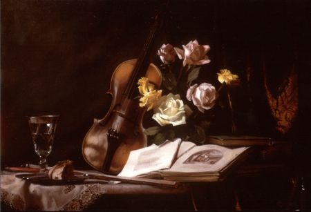 Wine, Roses & Music - book, roses, violin, wine, table, cake