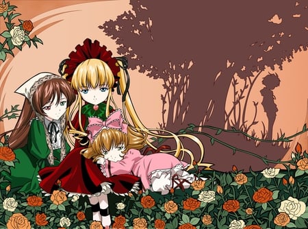 Rozen Maiden Girls - girls, anime, tree, flowers, cute, blonde