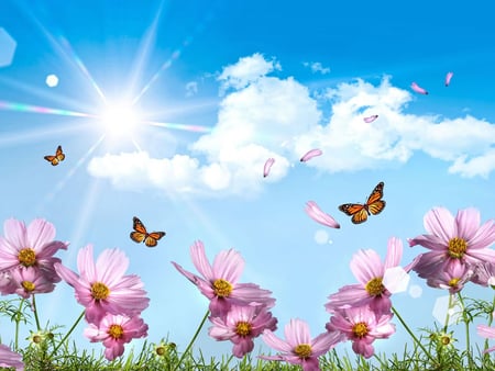 Beautiful day - day, joy, fantasy, white, abstract, pink, 3d, blue, beautiful, clouds, flowers, happy, butterflies