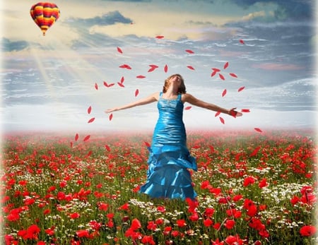 Be free - female, blue, fields, dress, girl, beauty, lovely, flowers, sunrays, air-ballon, nature