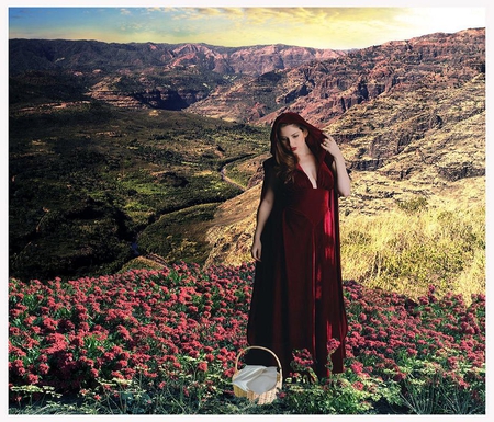 red beauty - red, flowers, female, girl, mountain